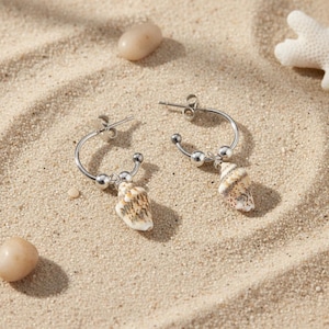 Genuine Conch Shell Hoop Earrings, Silver - 16mm - - LadybugfeetDesigns -