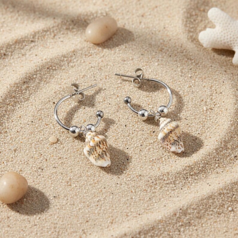 Genuine Conch Shell Hoop Earrings, Silver - 16mm - - LadybugfeetDesigns -