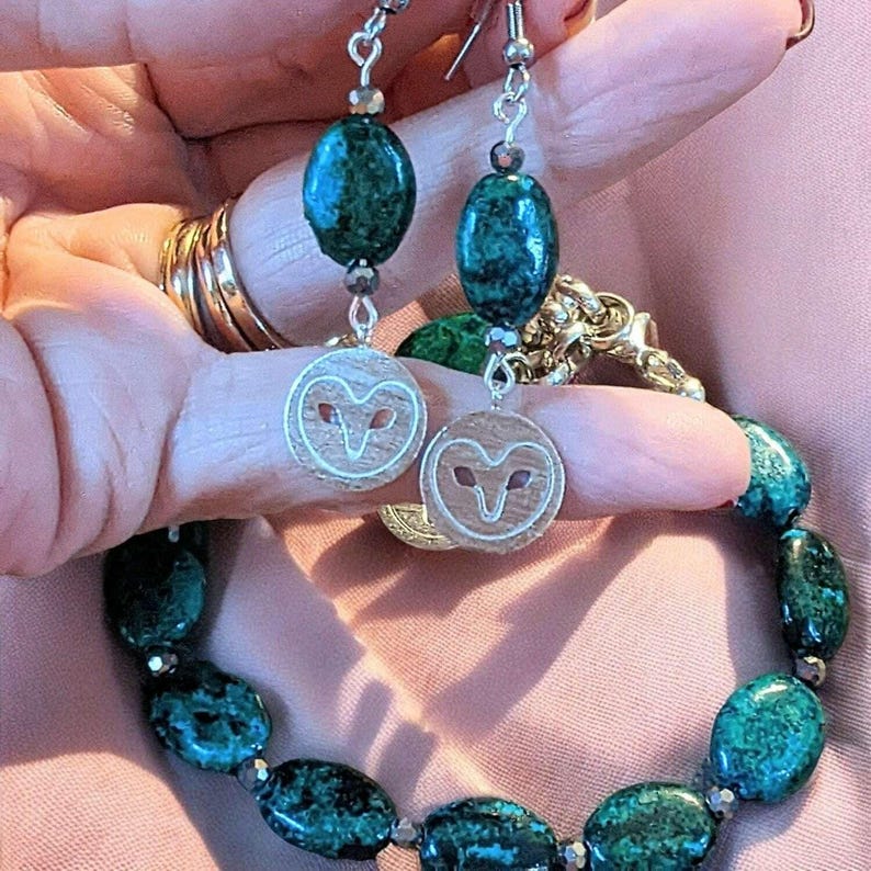 African Turquoise Jasper Owl Bracelet/Earring Set - - LadybugfeetDesigns -
