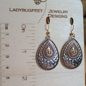 Hammered Two-Tone Boho Teardrop Hook Earrings, Gold - - LadybugfeetDesigns -