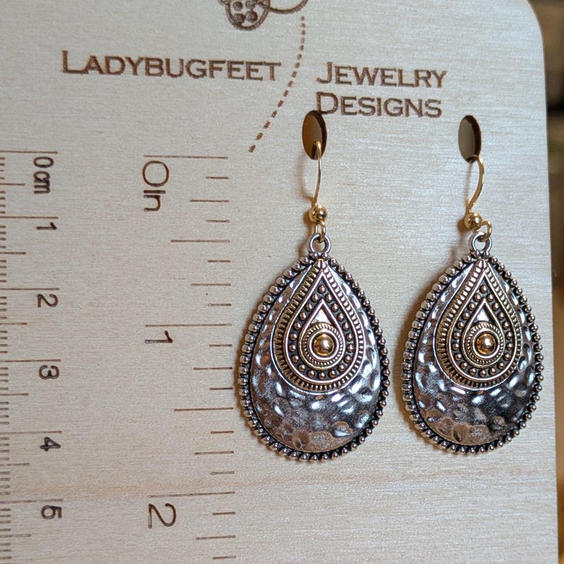 Hammered Two-Tone Boho Teardrop Hook Earrings, Gold - - LadybugfeetDesigns -