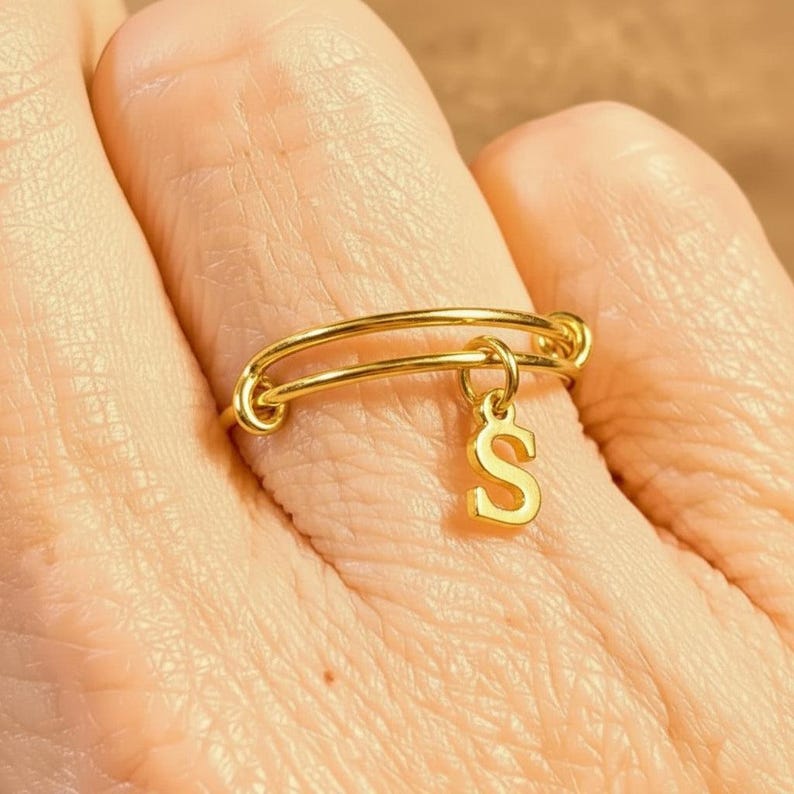 14k Gold Filled Initial Charm Ring/Gift for her - - LadybugfeetDesigns -