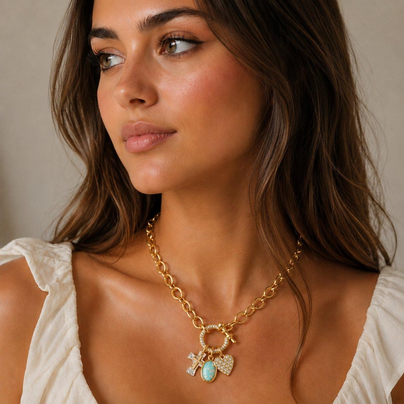 Two Tone Cross, Faux Opal and Heart Shackle Clasp Carabiner Necklace, Gold - Adjusts up to 20 inches - - LadybugfeetDesigns -