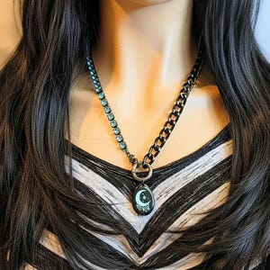 Black and Crystal Crescent Moon Snap Ring Necklace - 24 inch
