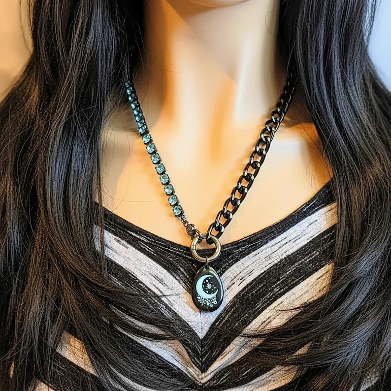Black and Crystal Crescent Moon Snap Ring Necklace - 24 inch