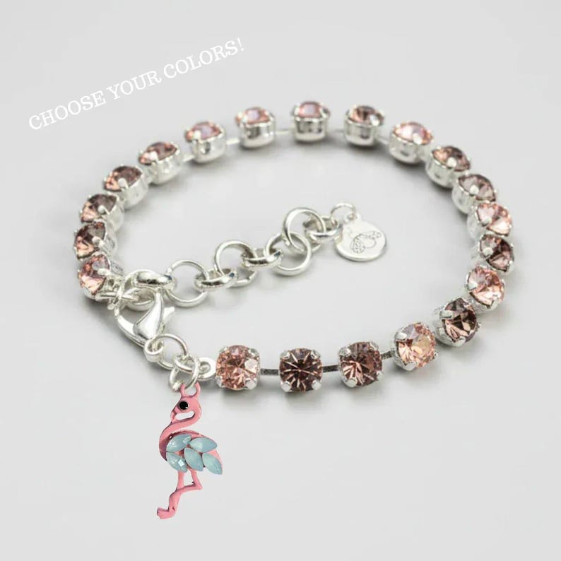 Pink Flamingo Faceted Crystal Bracelet, Silver - - LadybugfeetDesigns -
