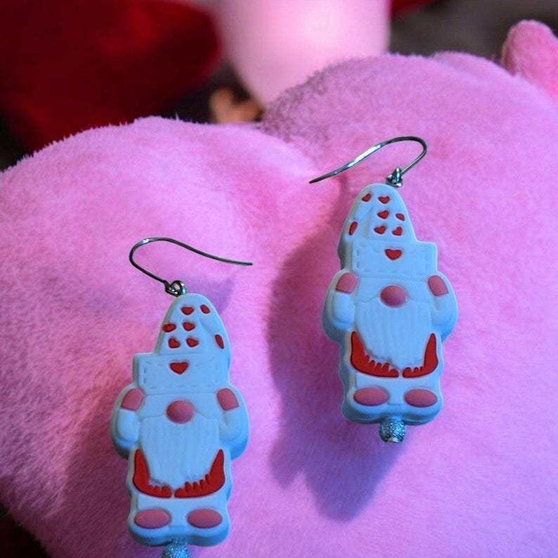 Gnome Valentine's Day Earrings - - LadybugfeetDesigns -