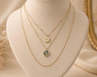 Abalone Cross Bar/Dragonfly Layered Necklace Set, Gold
