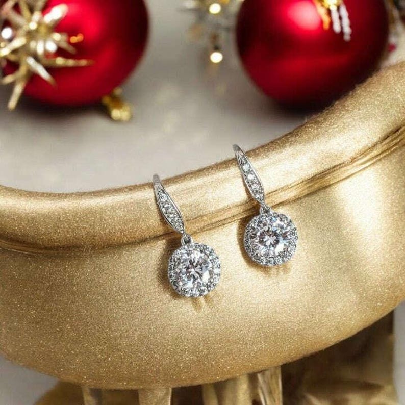 CZ Diamond Halo Earrings-APRIL Birthstone-Wedding Jewelry - - LadybugfeetDesigns -