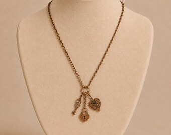 Heart Lock & Key Copper Charm Keeper Necklace, 18-24 inch