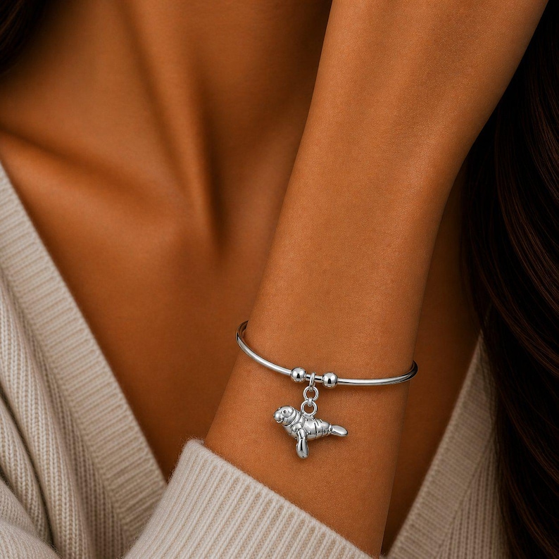 Manatee Euro Bangle Cuff, Silver - - LadybugfeetDesigns -