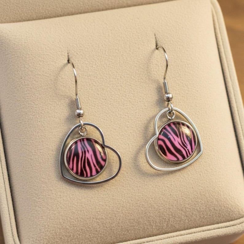 Pink Tiger Print Stainless Steel Heart hook earrings - - LadybugfeetDesigns -