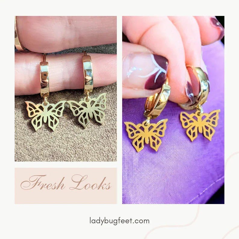 Gold Butterfly Hoop earrings, 16mm Hoop Drop - - LadybugfeetDesigns -