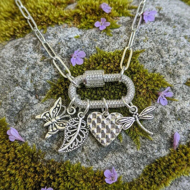 Nature & Love Carabiner Necklace, Silver - Adjusts up to 20 inches - - LadybugfeetDesigns -