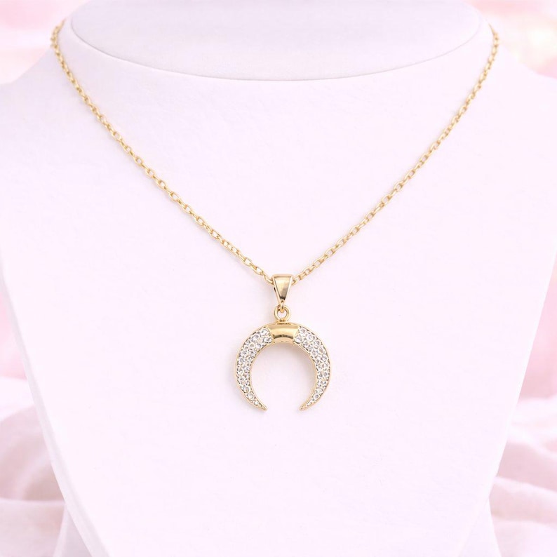 Downward Crescent Moon Necklace, Crescent Horn Necklace, Gold