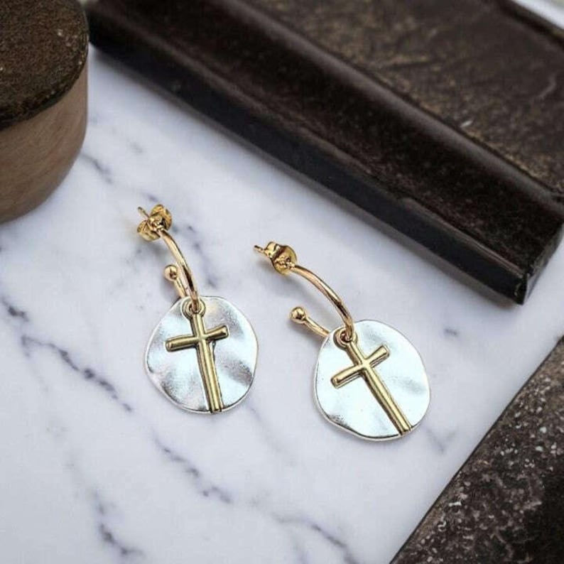 Cross Two-Tone Dangle Earrings - - LadybugfeetDesigns -