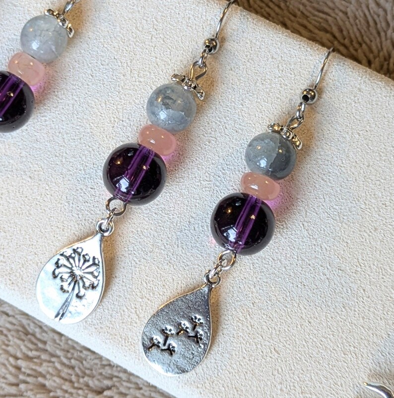 Dandelion Mismatched Beaded Hook Earrings, Silver - - LadybugfeetDesigns -