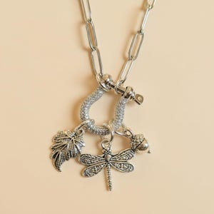 Forest Friends Dragonfly Shackle Clasp Carabiner Necklace, Silver - Adjusts up to 20 inches - - LadybugfeetDesigns -