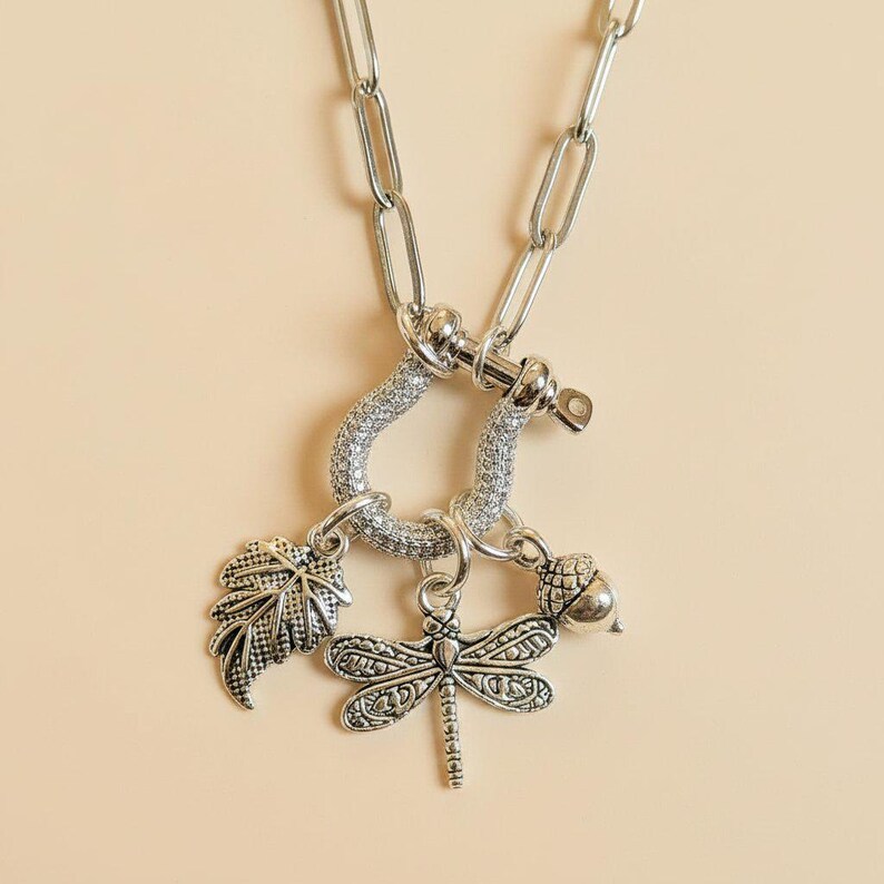 Forest Friends Dragonfly Shackle Clasp Carabiner Necklace, Silver - Adjusts up to 20 inches - - LadybugfeetDesigns -
