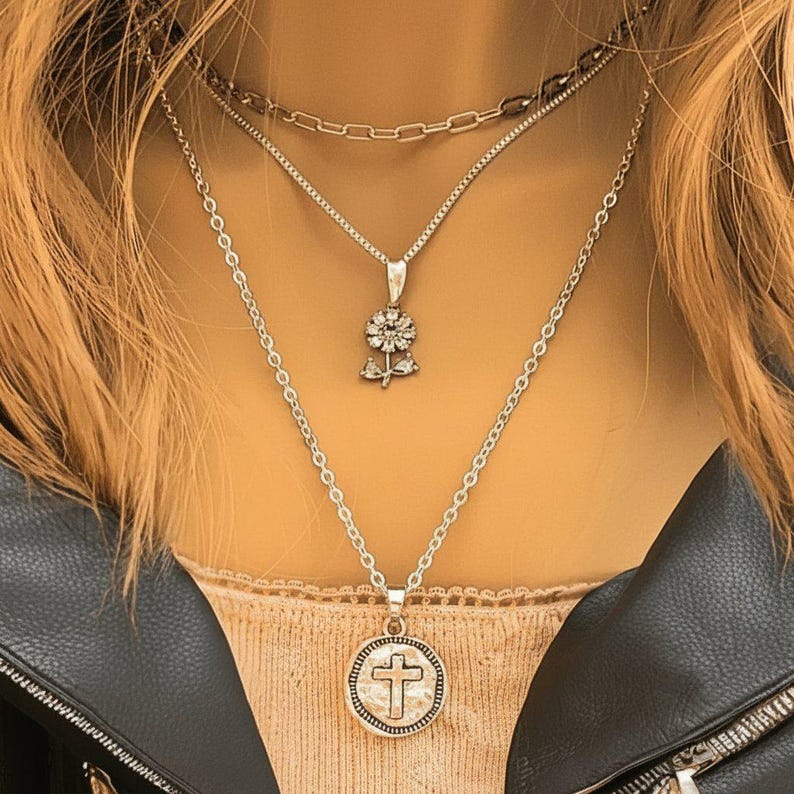 CZ Flower/Dragonfly Cross Layered Necklace Set, Silver - - LadybugfeetDesigns -