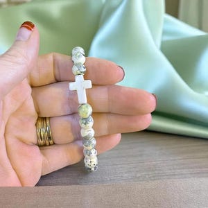 Earthy Green Ivory Beaded Cross Stretch bracelet - - LadybugfeetDesigns -