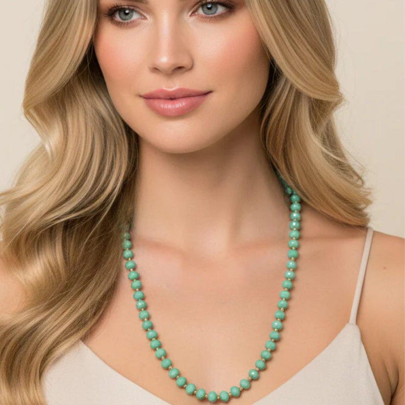 Turquoise Crystal Knotted Necklace -36 inch - - LadybugfeetDesigns -