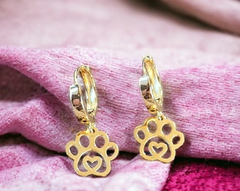 Gold Dog/Cat Paw Hoop earrings, 16mm Hoop Drop