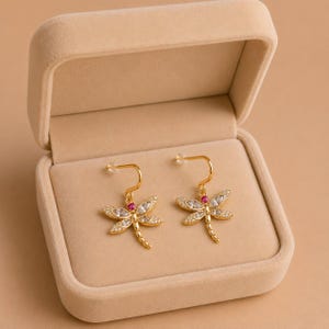 CZ Dragonfly dangle earrings, Gold - - LadybugfeetDesigns -