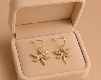 CZ Dragonfly dangle earrings, Gold