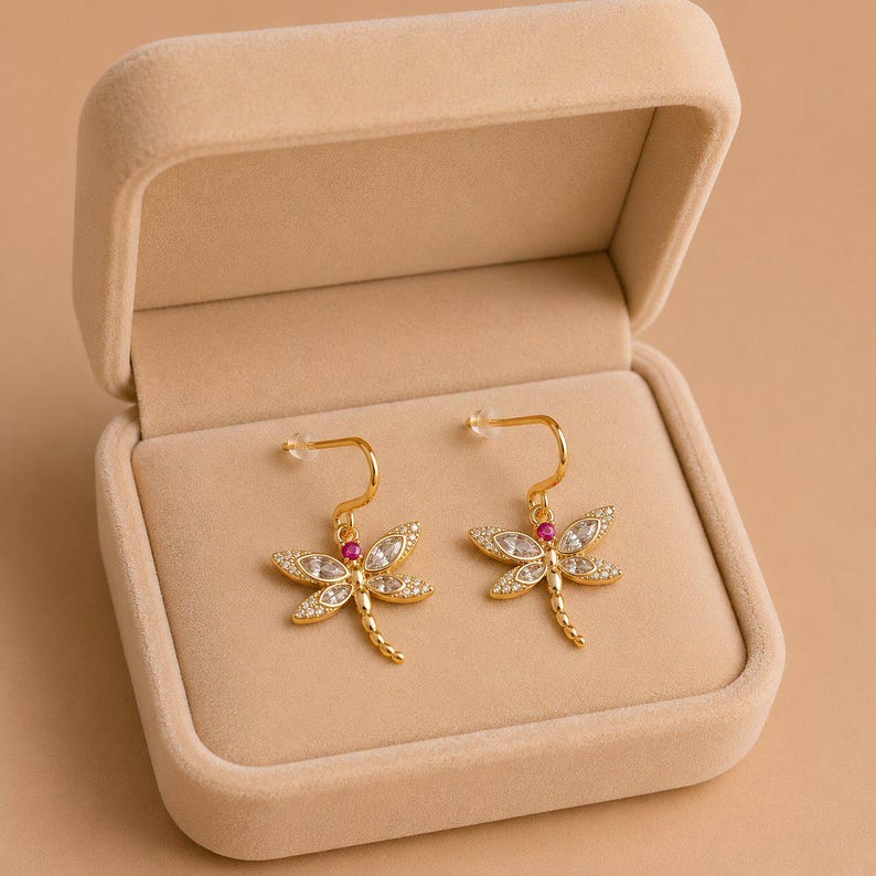 CZ Dragonfly dangle earrings, Gold - - LadybugfeetDesigns -