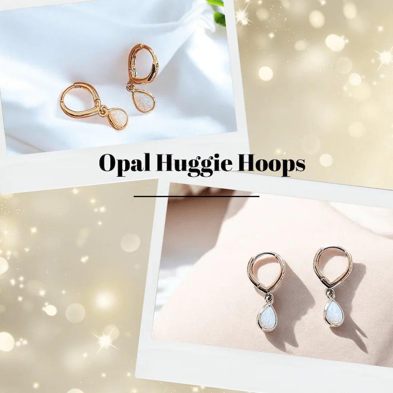 Opal Huggie Hoop earrings, 15mm Hoop Drop, Silver/Gold - - LadybugfeetDesigns -