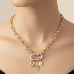 Dragonfly/Fairy Wing, Heart Carabiner Necklace, Gold - 20 inch - - LadybugfeetDesigns -
