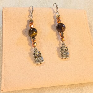 Owl Tiger's Eye Beaded Hook Earrings, Silver - - LadybugfeetDesigns -