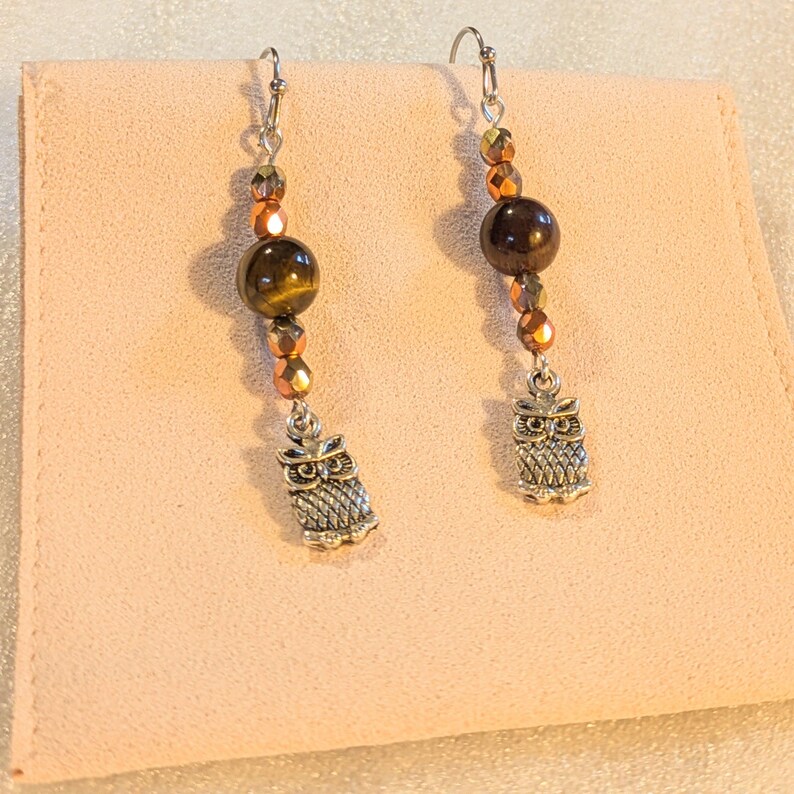 Owl Tiger's Eye Beaded Hook Earrings, Silver - - LadybugfeetDesigns -