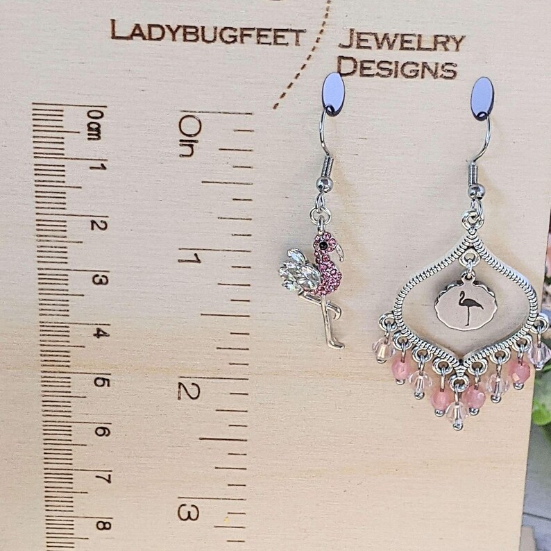 Mismatched Rhinestone Flamingo hook earrings - - LadybugfeetDesigns -