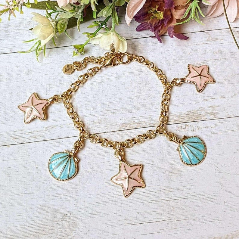 Pastel Seashell Charm Bracelet - - LadybugfeetDesigns -