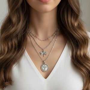 CZ Flower/Dragonfly Cross Layered Necklace Set, Silver - - LadybugfeetDesigns -