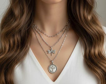 CZ Flower/Dragonfly Cross Layered Necklace Set, Silver