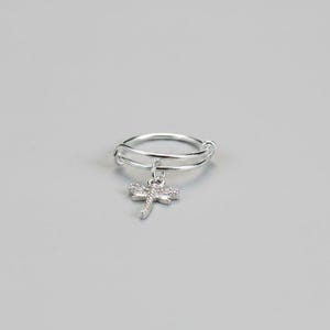 Tiny Dragonfly Adjustable Charm Ring, Silver - - LadybugfeetDesigns -