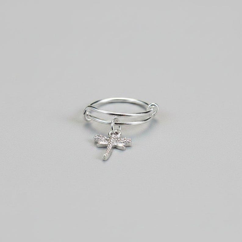 Tiny Dragonfly Adjustable Charm Ring, Silver - - LadybugfeetDesigns -