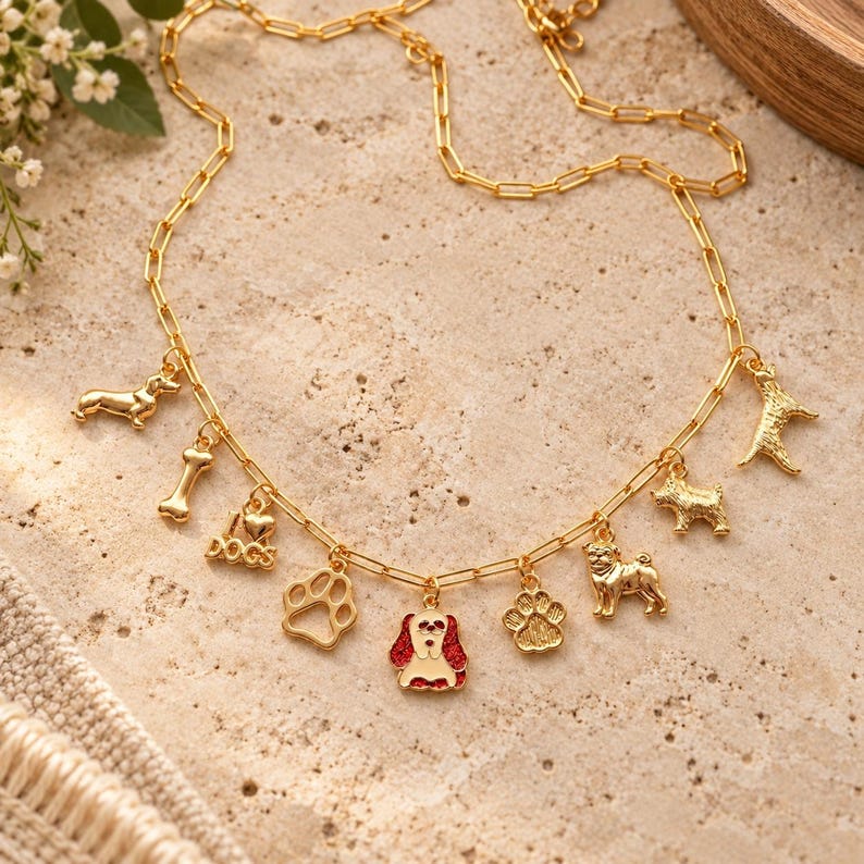 I Love Dogs Multi Charm Link Necklace, Gold- 20 inch - - LadybugfeetDesigns -