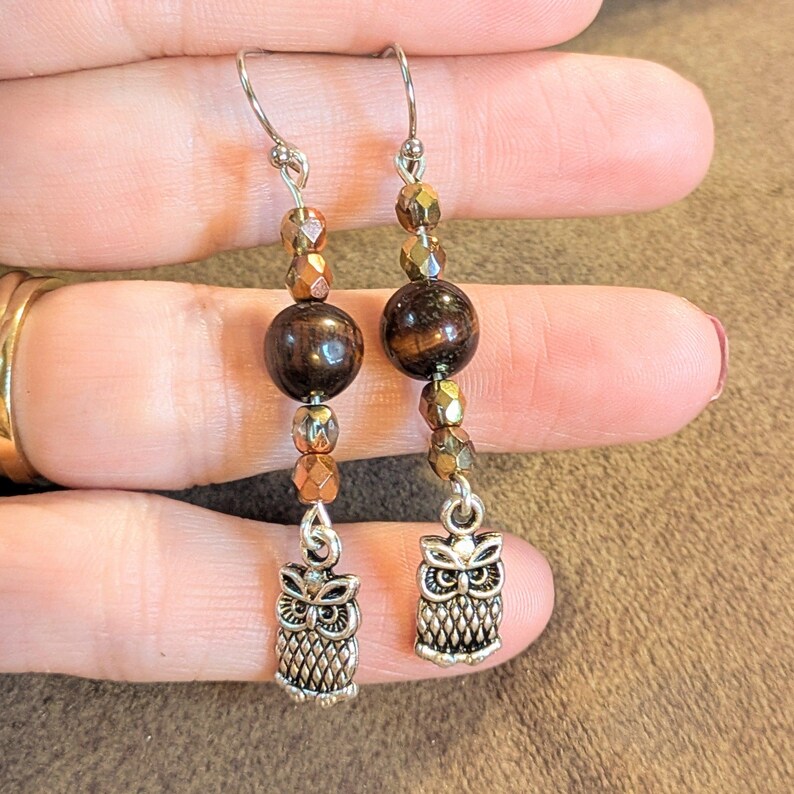 Owl Tiger's Eye Beaded Hook Earrings, Silver - - LadybugfeetDesigns -