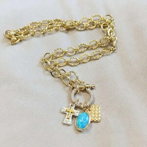 Two Tone Cross, Faux Opal and Heart Shackle Clasp Carabiner Necklace, Gold - Adjusts up to 20 inches - - LadybugfeetDesigns -