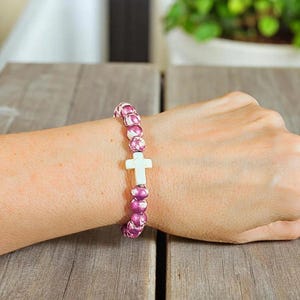 Mauve Ivory Beaded Cross Stretch bracelet - - LadybugfeetDesigns -