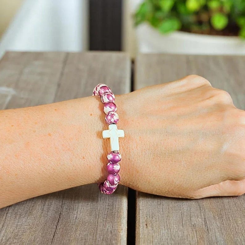Mauve Ivory Beaded Cross Stretch bracelet - - LadybugfeetDesigns -