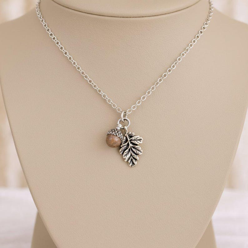 Acorn Oak Leaf Necklace, Silver - - LadybugfeetDesigns -