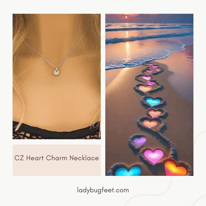 CZ Heart Charm Necklace - Sterling Silver - 18 inch - - LadybugfeetDesigns -