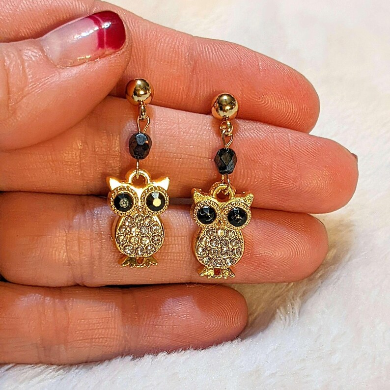 CZ Owl Charm Drop Stud Earrings-Gold - - LadybugfeetDesigns -