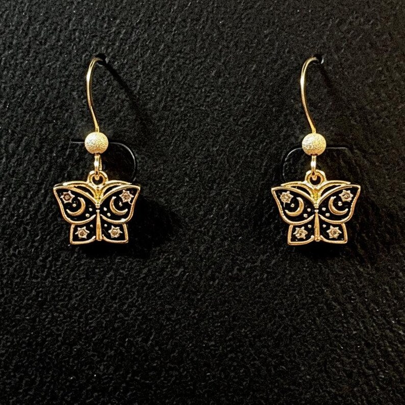 Celestial Butterfly Gold dangle earrings - - LadybugfeetDesigns -