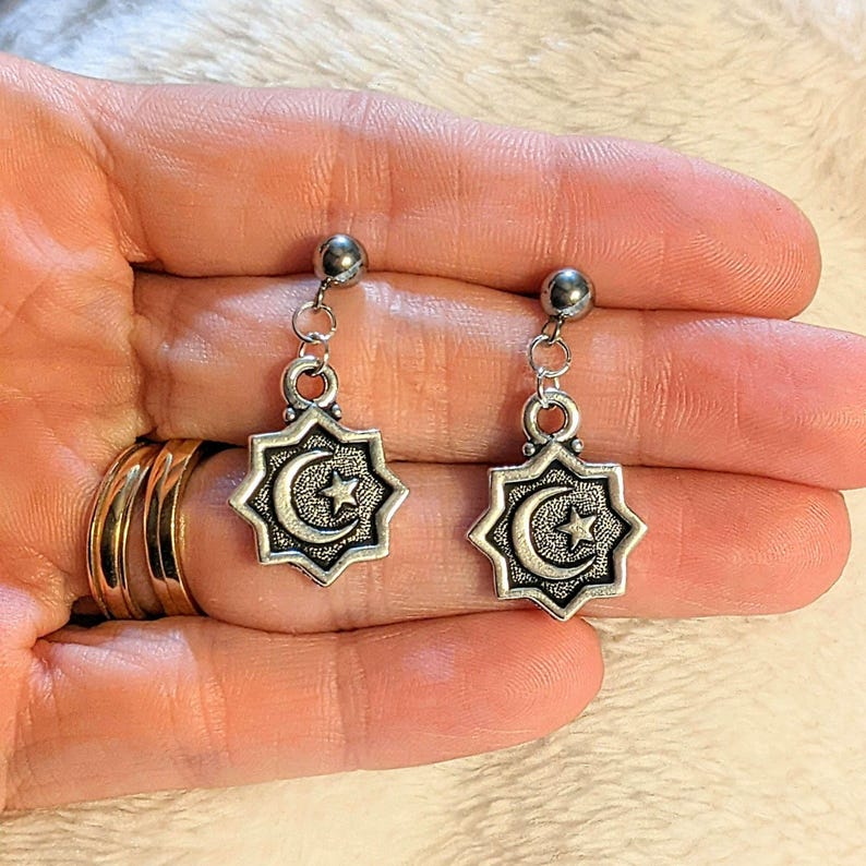 Crescent Moon/Star Charm Drop Stud Earrings-Silver - - LadybugfeetDesigns -